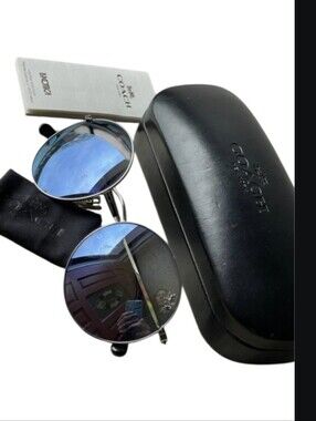 Coach Unisex Mirrored Round Sunglasses, Cleaning Cloth, Case, And Booklet In EUC